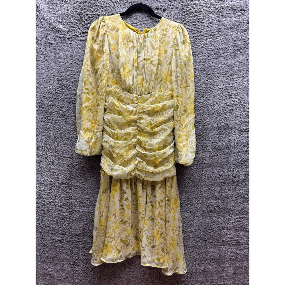 Modelivree Floral Print Ruch Long Sleeve Midi Mermaid Dress Yellow Women Size L